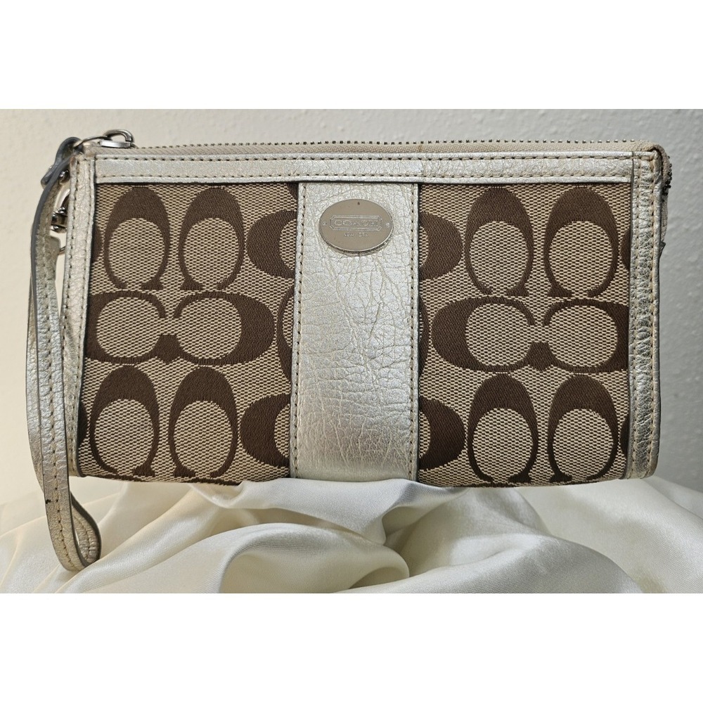 Coach‎ Signature C Brown/Beige Wristlet Wallet Metallic Silver Trim Zip Closure